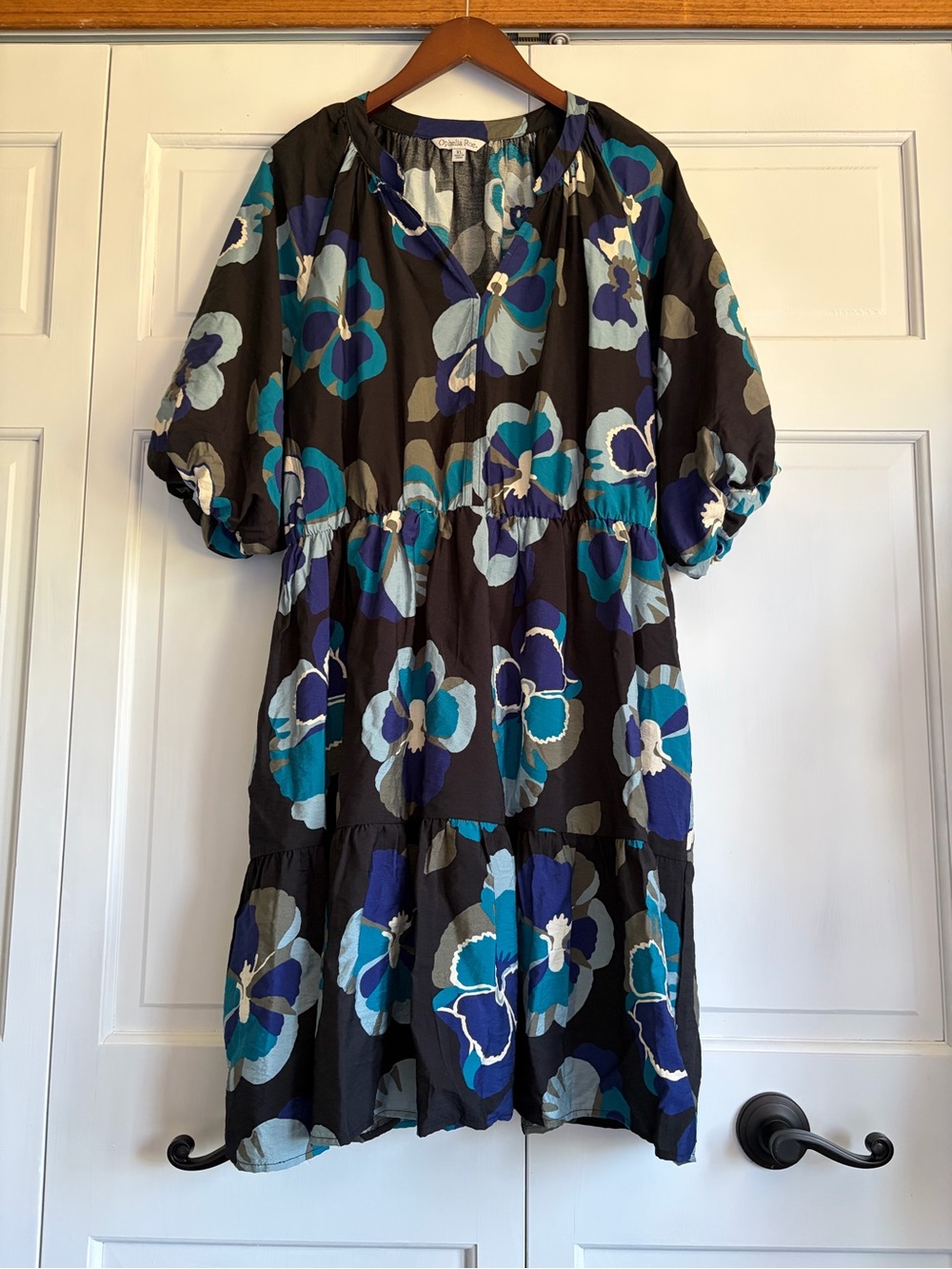 Ophelia Roe Floral  Dress Puff Sleeve Black and Blue Sz XL Viscose Blend Summer